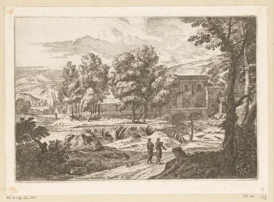 Arcadisch berglandschap met twee mannen op een voetpad