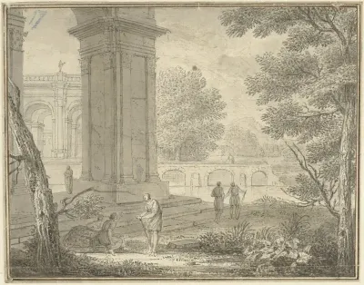 Arcadisch landschap met antieke gebouwen en enkele figuren