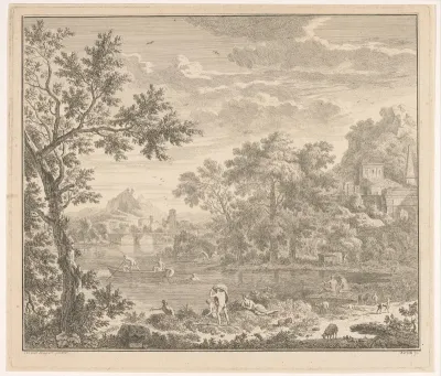 Arcadisch landschap met badende mensen