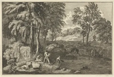 Arcadisch landschap met badende vrouwen bij een meertje