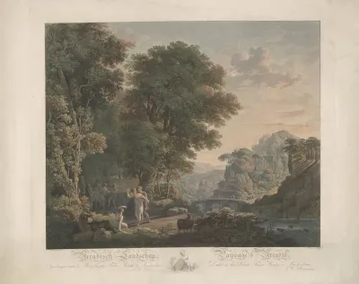 Arcadisch landschap met dansende figuren
