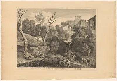 Arcadisch landschap met dorp en vier mannen bij een beek