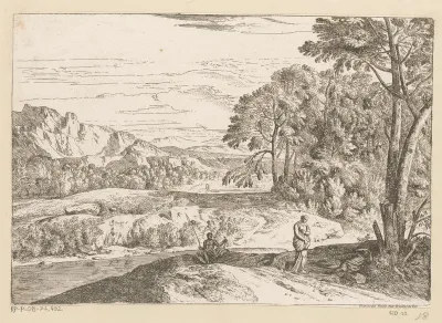 Arcadisch landschap met een een visser bij een beek