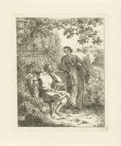 Arcadisch landschap met een herder en een vrouw bij een graftombe