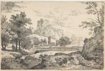 Arcadisch landschap met een herder en herderin op de voorgrond