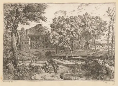 Arcadisch landschap met een kudde geiten aan het water en een moeder met kind op een pad met overige figuren
