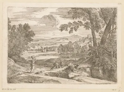 Arcadisch landschap met een lopende vrouw en een gezin zittend langs een pad