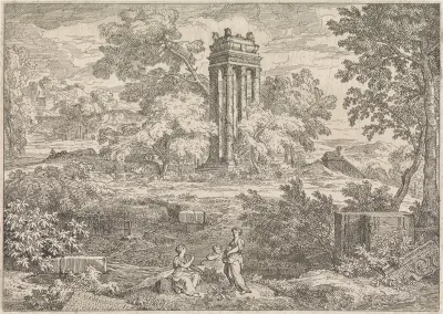 Arcadisch landschap met een mausoleum met zes zuilen