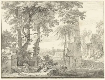Arcadisch landschap met een obelisk en een man bij een fontein