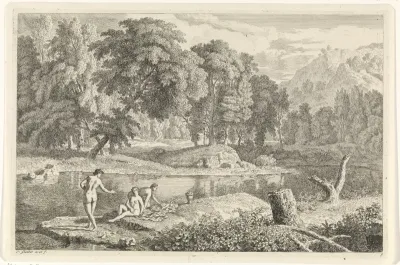 Arcadisch landschap met een rivier en drie badende vrouwen