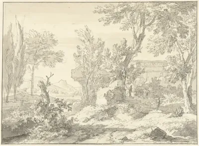 Arcadisch landschap met een ruïne en figuren bij een trap