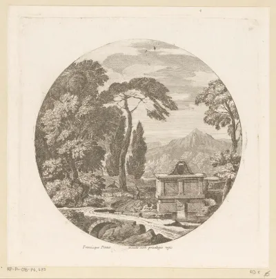 Arcadisch landschap met een sarcofaag langs een bospad