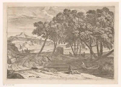 Arcadisch landschap met een visser in een boot