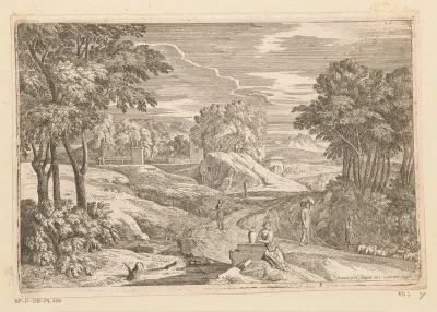Arcadisch landschap met een vrouw bij een vaas gezeten en overige figuren