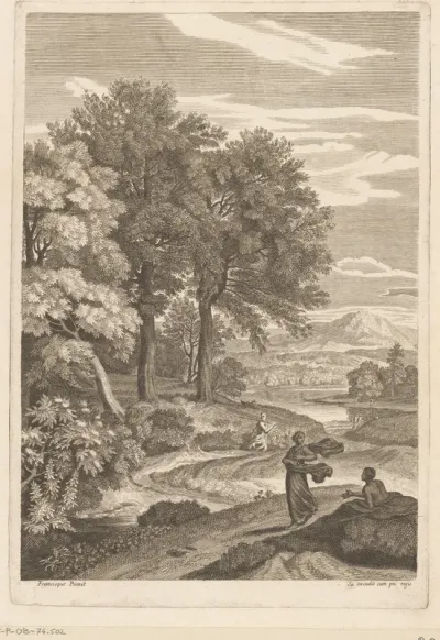Arcadisch landschap met een vrouw met wapperende sjaal