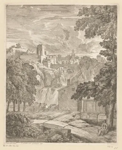 Arcadisch landschap met een waterval en een vrouw onder een boom