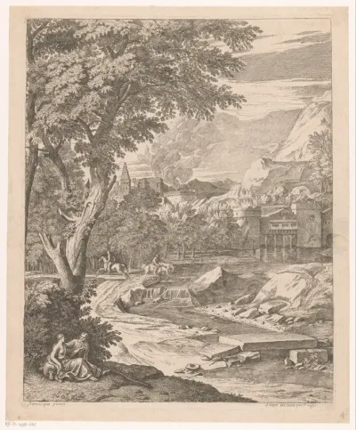 Arcadisch landschap met figuren bij een beek