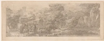 Arcadisch landschap met figuren bij een bron