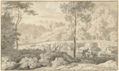 Arcadisch landschap met figuren bij een meer