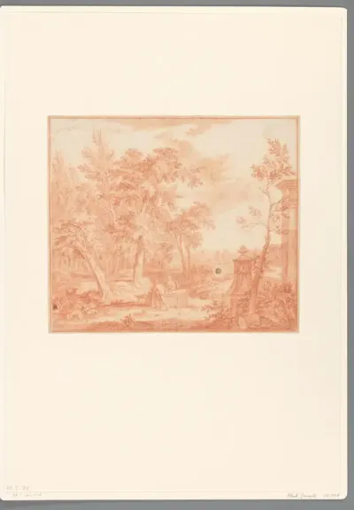 Arcadisch landschap met figuren en antieke ruïnes