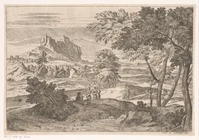 Arcadisch landschap met figuren en konijnen