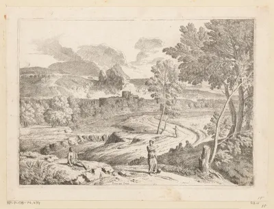 Arcadisch landschap met figuren langs een pad aan een stroming