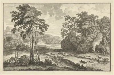Arcadisch landschap met figuren op de oever van een rivier
