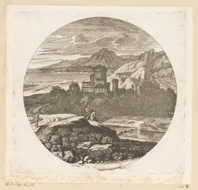 Arcadisch landschap met figuren op een heuvel en een baai op de achtergrond