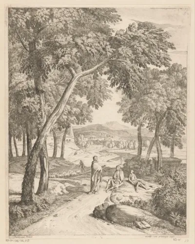 Arcadisch landschap met figuren op een pad onder een boom