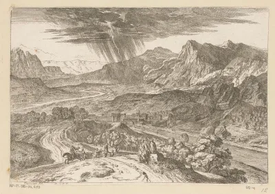 Arcadisch landschap met figuren op een voetpad tijdens een storm