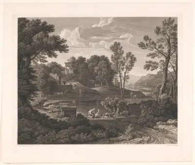 Arcadisch landschap met grafmonumenten