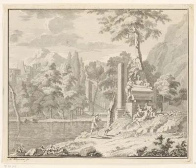 Arcadisch landschap met graftombe