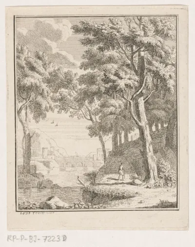 Arcadisch landschap met herder bij een rivier, in de verte een brug