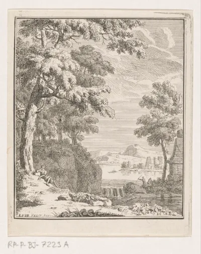 Arcadisch landschap met herder bij waterval