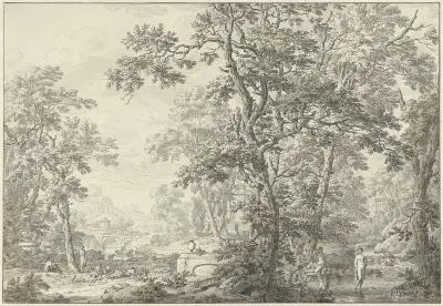 Arcadisch landschap met herder en badende vrouwen