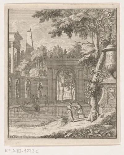 Arcadisch landschap met herders bij een beeldencolonnade