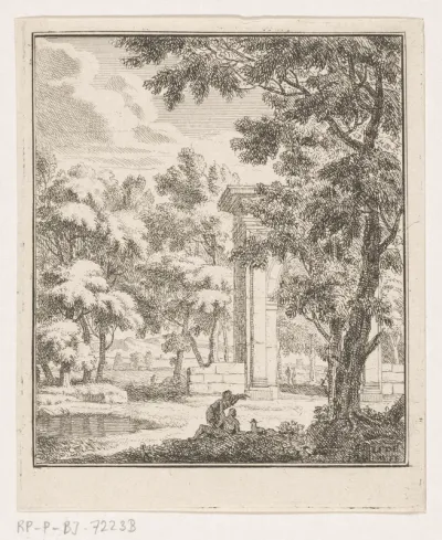 Arcadisch landschap met herders bij een stenen boog