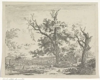 Arcadisch landschap met herders onder een hoge boom