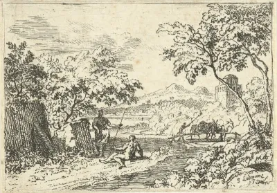 Arcadisch landschap met herders op een oever