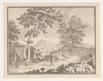 Arcadisch landschap met man die de weg wijst