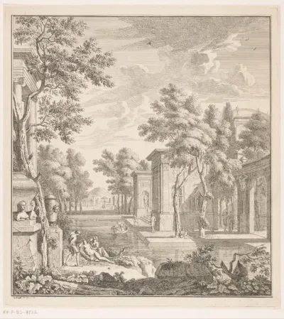 Arcadisch landschap met mannen en vrouwen bij een tempel