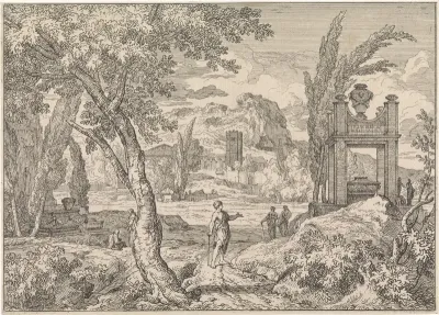 Arcadisch landschap met mausoleum