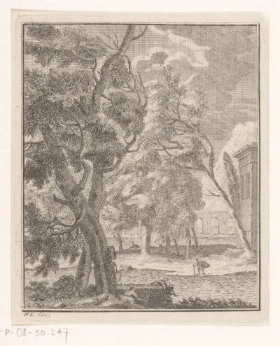 Arcadisch landschap met reiziger