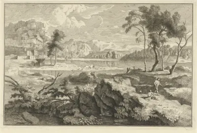 Arcadisch landschap met rotsen en rivier