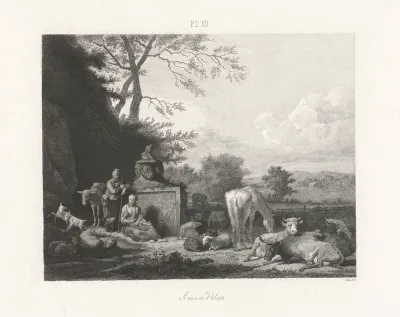 Arcadisch landschap met rustende herders en vee