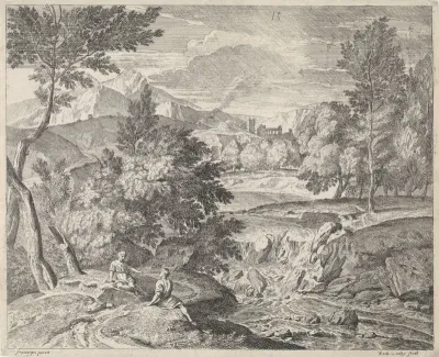 Arcadisch landschap met twee figuren bij een waterval