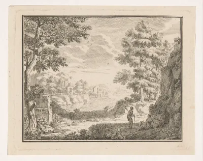 Arcadisch landschap met twee in de schaduw rustende reizigers