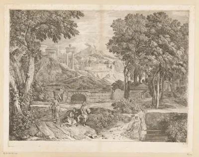 Arcadisch landschap met twee mannen en een fruit-dragende vrouw