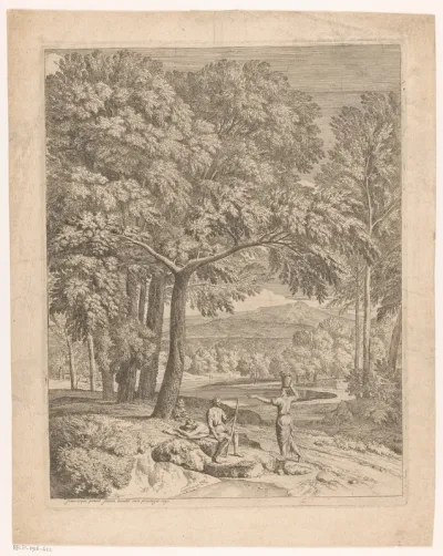 Arcadisch landschap met twee mannen en een korfdragende vrouw