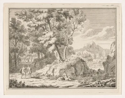 Arcadisch landschap met twee reizigers bij een waterval